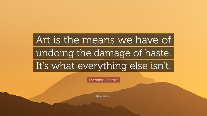 Theodore Roethke Quote: “Art is the means we have of undoing the damage of haste. It’s what everything else isn’t.”