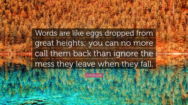 Jodi Picoult Quote: “Words are like eggs dropped from great heights; you can no more call them back than ignore the mess they leave when they fall.”