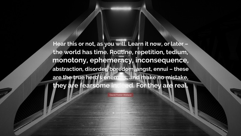 David Foster Wallace Quote: “Hear this or not, as you will. Learn it now, or later – the world has time. Routine, repetition, tedium, monotony, ephemeracy, inconsequence, abstraction, disorder, boredom, angst, ennui – these are the true hero’s enemies, and make no mistake, they are fearsome indeed. For they are real.”