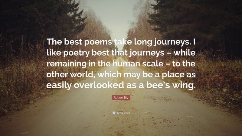 Robert Bly Quote: “The best poems take long journeys. I like poetry best that journeys – while remaining in the human scale – to the other world, which may be a place as easily overlooked as a bee’s wing.”