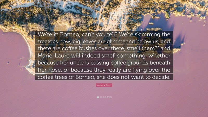Anthony Doerr Quote: “We’re in Borneo, can’t you tell? We’re skimming the treetops now, big leaves are glimmering below us, and there are coffee bushes over there, smell them?” and Marie-Laure will indeed smell something, whether because her uncle is passing coffee grounds beneath her nose, or because they really are flying over the coffee trees of Borneo, she does not want to decide.”