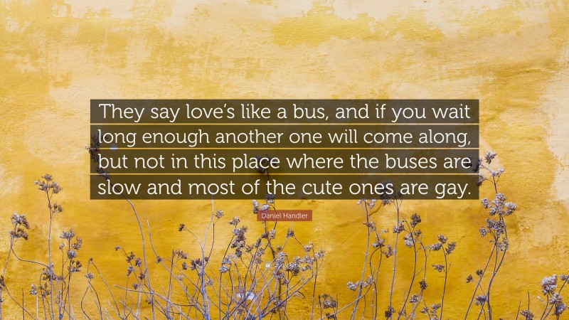 Daniel Handler Quote: “They say love’s like a bus, and if you wait long enough another one will come along, but not in this place where the buses are slow and most of the cute ones are gay.”