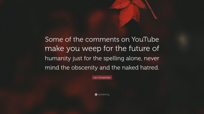 Lev Grossman Quote: “Some of the comments on YouTube make you weep for the future of humanity just for the spelling alone, never mind the obscenity and the naked hatred.”