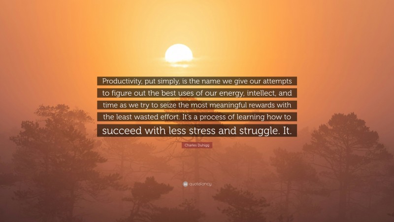 Charles Duhigg Quote: “Productivity, put simply, is the name we give our attempts to figure out the best uses of our energy, intellect, and time as we try to seize the most meaningful rewards with the least wasted effort. It’s a process of learning how to succeed with less stress and struggle. It.”