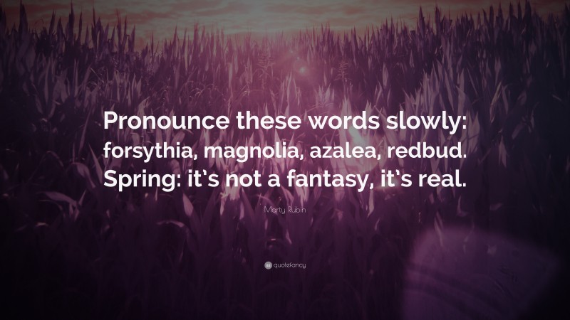 Marty Rubin Quote: “Pronounce these words slowly: forsythia, magnolia, azalea, redbud. Spring: it’s not a fantasy, it’s real.”