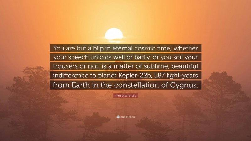The School of Life Quote: “You are but a blip in eternal cosmic time; whether your speech unfolds well or badly, or you soil your trousers or not, is a matter of sublime, beautiful indifference to planet Kepler-22b, 587 light-years from Earth in the constellation of Cygnus.”