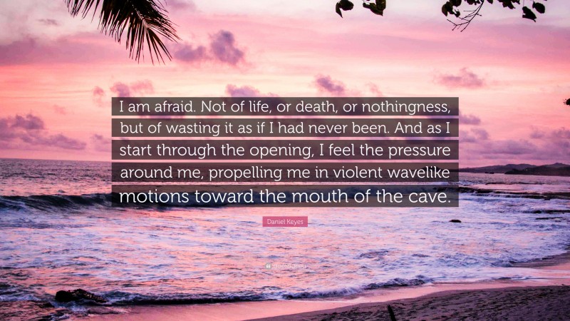 Daniel Keyes Quote: “I am afraid. Not of life, or death, or nothingness, but of wasting it as if I had never been. And as I start through the opening, I feel the pressure around me, propelling me in violent wavelike motions toward the mouth of the cave.”