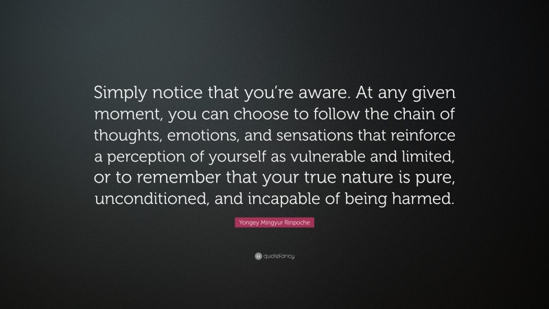 Yongey Mingyur Rinpoche Quote: “Simply notice that you’re aware. At any given moment, you can choose to follow the chain of thoughts, emotions, and sensations that reinforce a perception of yourself as vulnerable and limited, or to remember that your true nature is pure, unconditioned, and incapable of being harmed.”