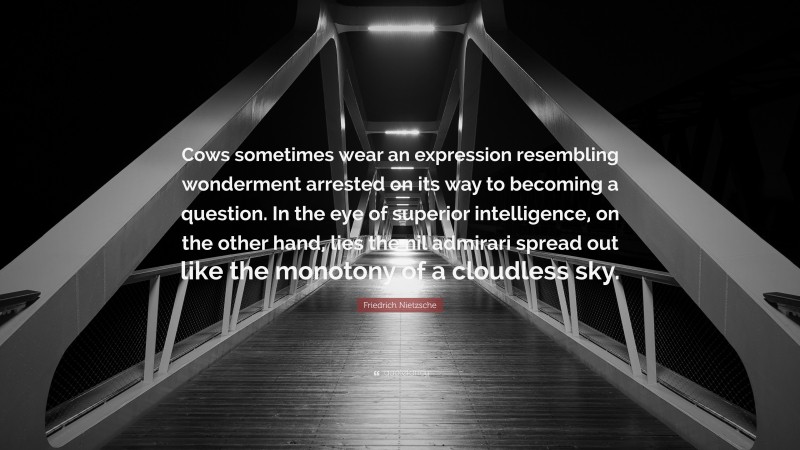 Friedrich Nietzsche Quote: “Cows sometimes wear an expression resembling wonderment arrested on its way to becoming a question. In the eye of superior intelligence, on the other hand, lies the nil admirari spread out like the monotony of a cloudless sky.”