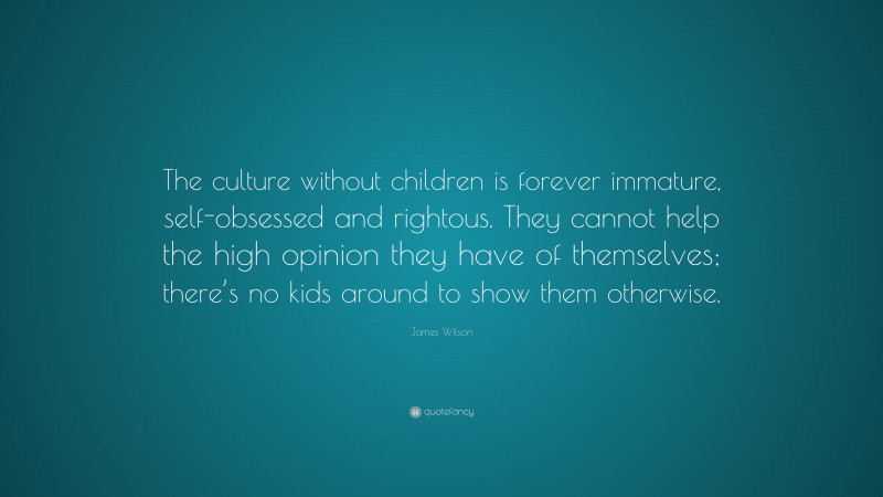 James Wilson Quote: “The culture without children is forever immature, self-obsessed and rightous. They cannot help the high opinion they have of themselves; there’s no kids around to show them otherwise.”