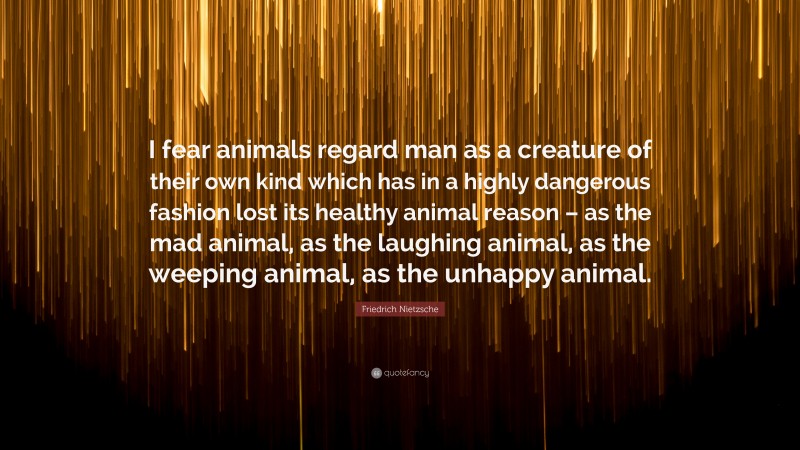 Friedrich Nietzsche Quote: “I fear animals regard man as a creature of their own kind which has in a highly dangerous fashion lost its healthy animal reason – as the mad animal, as the laughing animal, as the weeping animal, as the unhappy animal.”