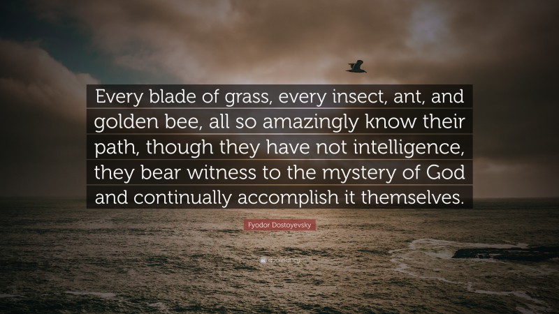Fyodor Dostoyevsky Quote: “Every blade of grass, every insect, ant, and golden bee, all so amazingly know their path, though they have not intelligence, they bear witness to the mystery of God and continually accomplish it themselves.”