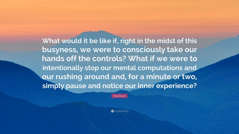 Tara Brach Quote: “What would it be like if, right in the midst of this busyness, we were to consciously take our hands off the controls? What if we were to intentionally stop our mental computations and our rushing around and, for a minute or two, simply pause and notice our inner experience?”