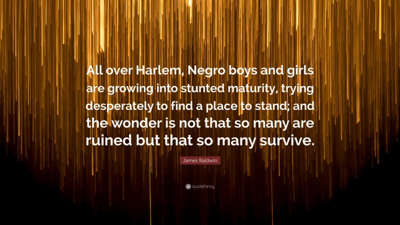 James Baldwin Quote: “All over Harlem, Negro boys and girls are growing into stunted maturity, trying desperately to find a place to stand; and the wonder is not that so many are ruined but that so many survive.”