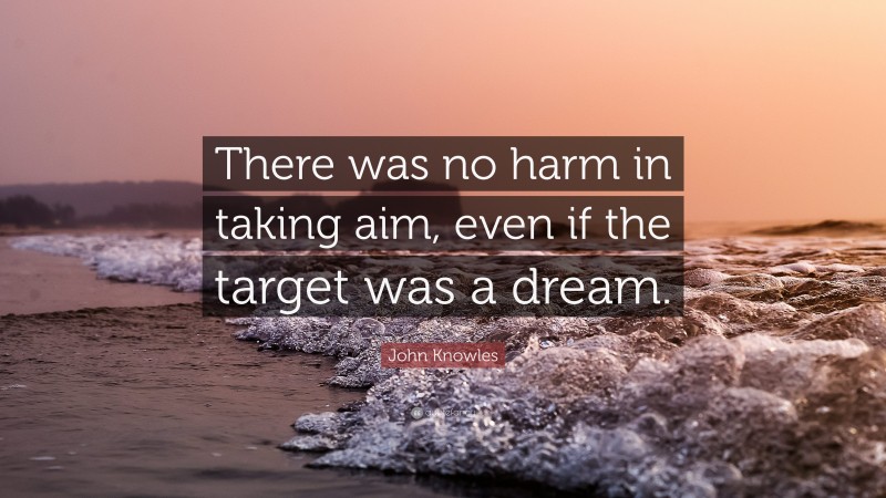 John Knowles Quote: “There was no harm in taking aim, even if the target was a dream.”