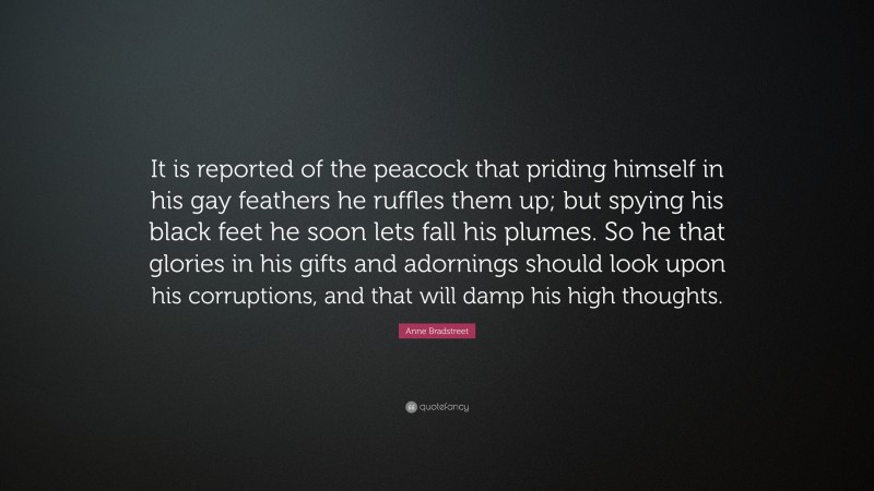 Anne Bradstreet Quote: “It is reported of the peacock that priding himself in his gay feathers he ruffles them up; but spying his black feet he soon lets fall his plumes. So he that glories in his gifts and adornings should look upon his corruptions, and that will damp his high thoughts.”