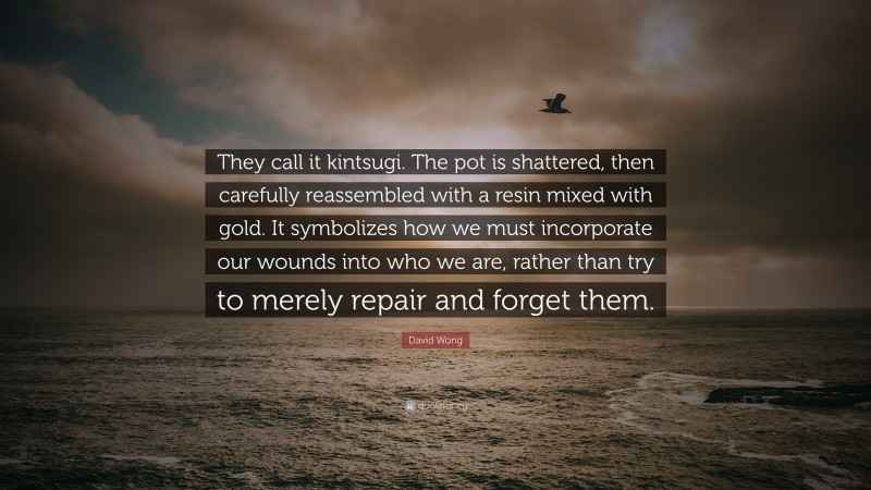 David Wong Quote: “They call it kintsugi. The pot is shattered, then carefully reassembled with a resin mixed with gold. It symbolizes how we must incorporate our wounds into who we are, rather than try to merely repair and forget them.”