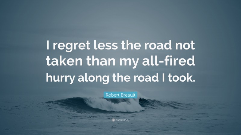 Robert Breault Quote: “I regret less the road not taken than my all-fired hurry along the road I took.”