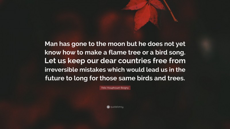 Felix Houphouet-Boigny Quote: “Man has gone to the moon but he does not yet know how to make a flame tree or a bird song. Let us keep our dear countries free from irreversible mistakes which would lead us in the future to long for those same birds and trees.”