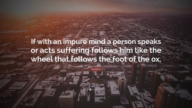 Buddha Quote: “If with an impure mind a person speaks or acts suffering follows him like the wheel that follows the foot of the ox.”