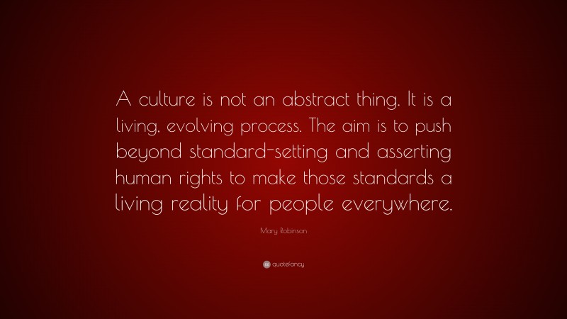 Mary Robinson Quote: “A culture is not an abstract thing. It is a living, evolving process. The aim is to push beyond standard-setting and asserting human rights to make those standards a living reality for people everywhere.”