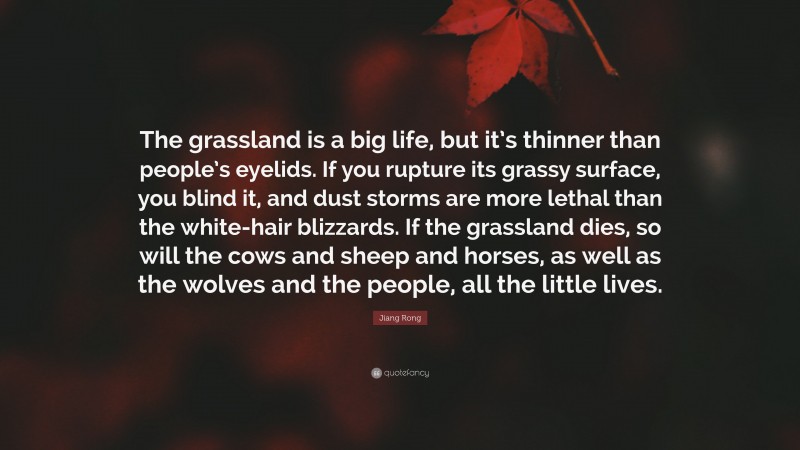 Jiang Rong Quote: “The grassland is a big life, but it’s thinner than people’s eyelids. If you rupture its grassy surface, you blind it, and dust storms are more lethal than the white-hair blizzards. If the grassland dies, so will the cows and sheep and horses, as well as the wolves and the people, all the little lives.”