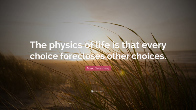 Marc Grossberg Quote: “The physics of life is that every choice forecloses other choices.”