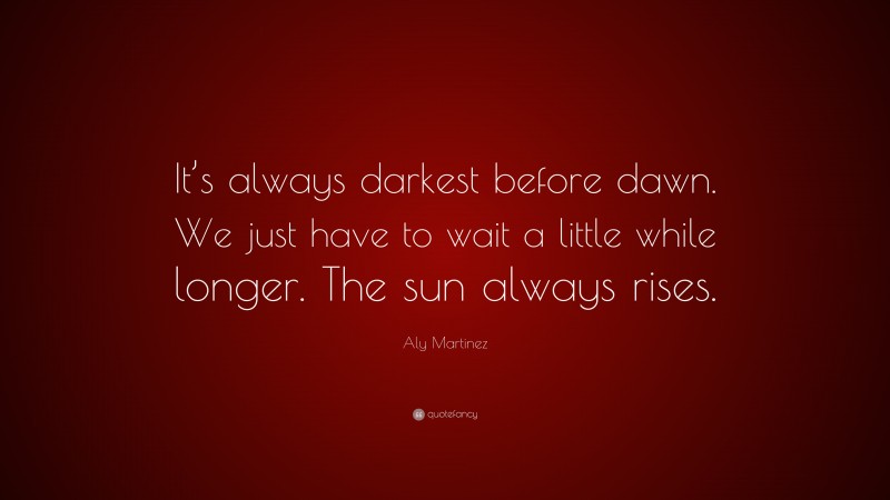 Aly Martinez Quote: “It’s always darkest before dawn. We just have to wait a little while longer. The sun always rises.”