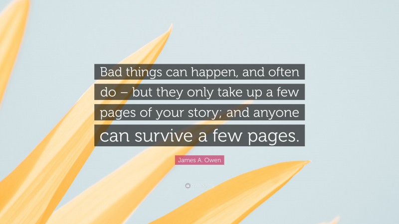 James A. Owen Quote: “Bad things can happen, and often do – but they only take up a few pages of your story; and anyone can survive a few pages.”