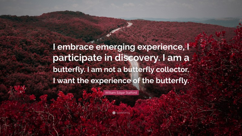 William Edgar Stafford Quote: “I embrace emerging experience, I participate in discovery. I am a butterfly. I am not a butterfly collector. I want the experience of the butterfly.”