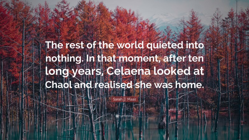 Sarah J. Maas Quote: “The rest of the world quieted into nothing. In that moment, after ten long years, Celaena looked at Chaol and realised she was home.”