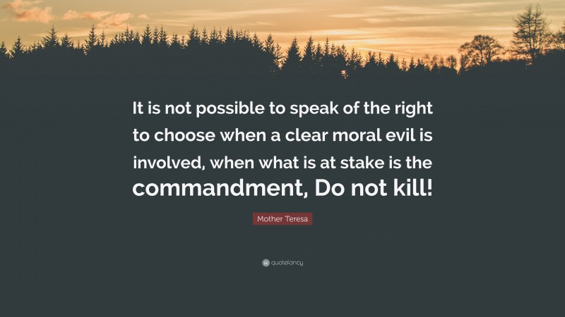 Mother Teresa Quote: “It is not possible to speak of the right to choose when a clear moral evil is involved, when what is at stake is the commandment, Do not kill!”