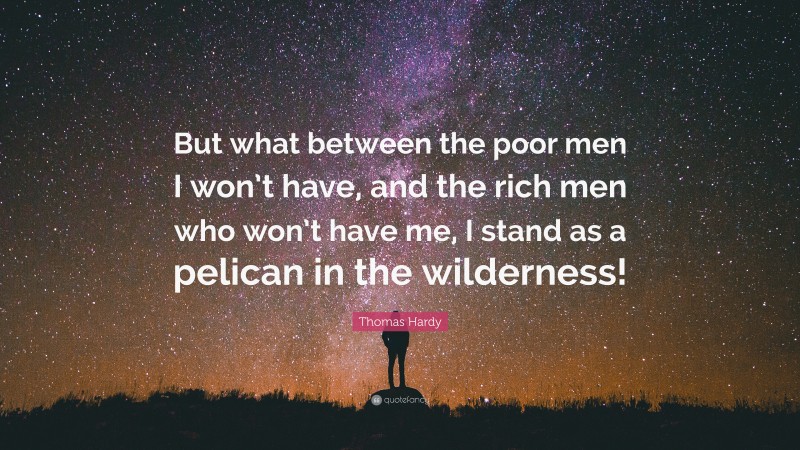 Thomas Hardy Quote: “But what between the poor men I won’t have, and the rich men who won’t have me, I stand as a pelican in the wilderness!”