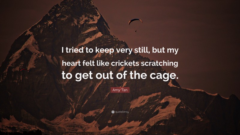 Amy Tan Quote: “I tried to keep very still, but my heart felt like crickets scratching to get out of the cage.”