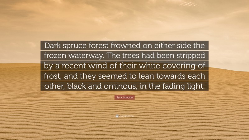 Jack London Quote: “Dark spruce forest frowned on either side the frozen waterway. The trees had been stripped by a recent wind of their white covering of frost, and they seemed to lean towards each other, black and ominous, in the fading light.”