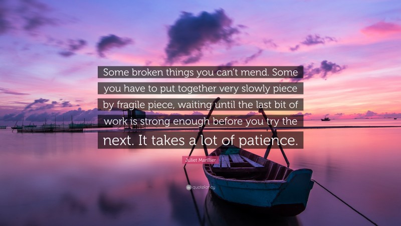 Juliet Marillier Quote: “Some broken things you can’t mend. Some you have to put together very slowly piece by fragile piece, waiting until the last bit of work is strong enough before you try the next. It takes a lot of patience.”