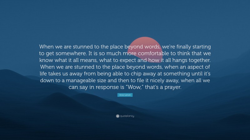 Anne Lamott Quote: “When we are stunned to the place beyond words, we’re finally starting to get somewhere. It is so much more comfortable to think that we know what it all means, what to expect and how it all hangs together. When we are stunned to the place beyond words, when an aspect of life takes us away from being able to chip away at something until it’s down to a manageable size and then to file it nicely away, when all we can say in response is “Wow,” that’s a prayer.”