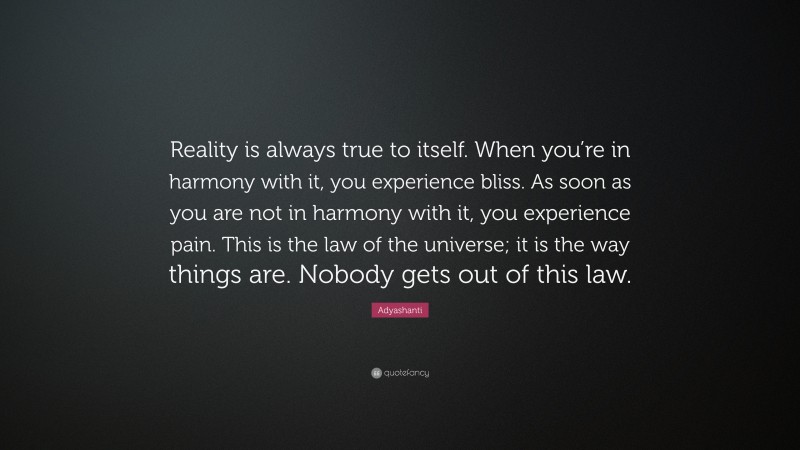 Adyashanti Quote: “Reality is always true to itself. When you’re in harmony with it, you experience bliss. As soon as you are not in harmony with it, you experience pain. This is the law of the universe; it is the way things are. Nobody gets out of this law.”
