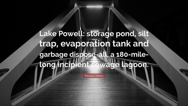 Edward Abbey Quote: “Lake Powell: storage pond, silt trap, evaporation tank and garbage dispose-all, a 180-mile-long incipient sewage lagoon.”
