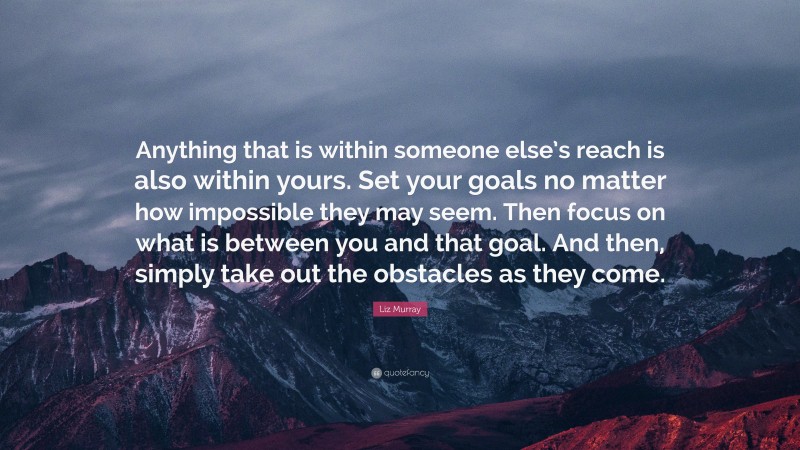 Liz Murray Quote: “Anything that is within someone else’s reach is also within yours. Set your goals no matter how impossible they may seem. Then focus on what is between you and that goal. And then, simply take out the obstacles as they come.”