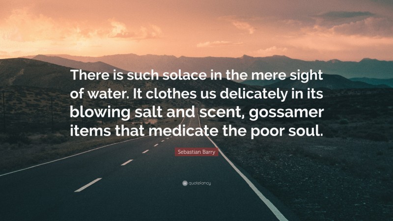 Sebastian Barry Quote: “There is such solace in the mere sight of water. It clothes us delicately in its blowing salt and scent, gossamer items that medicate the poor soul.”