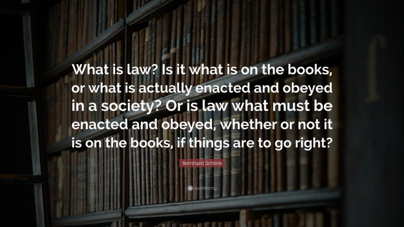 Bernhard Schlink Quote: “What is law? Is it what is on the books, or what is actually enacted and obeyed in a society? Or is law what must be enacted and obeyed, whether or not it is on the books, if things are to go right?”