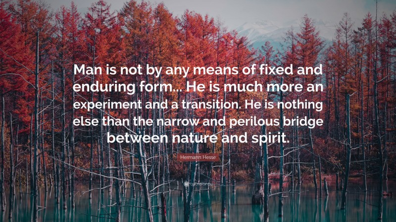Hermann Hesse Quote: “Man is not by any means of fixed and enduring form... He is much more an experiment and a transition. He is nothing else than the narrow and perilous bridge between nature and spirit.”