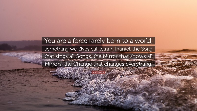 C.L. Wilson Quote: “You are a force rarely born to a world, something we Elves call leinah thaniel, the Song that sings all Songs, the Mirror that shows all Mirrors, the Change that changes everything.”