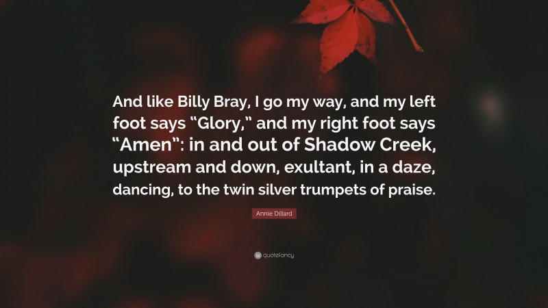 Annie Dillard Quote: “And like Billy Bray, I go my way, and my left foot says “Glory,” and my right foot says “Amen”: in and out of Shadow Creek, upstream and down, exultant, in a daze, dancing, to the twin silver trumpets of praise.”