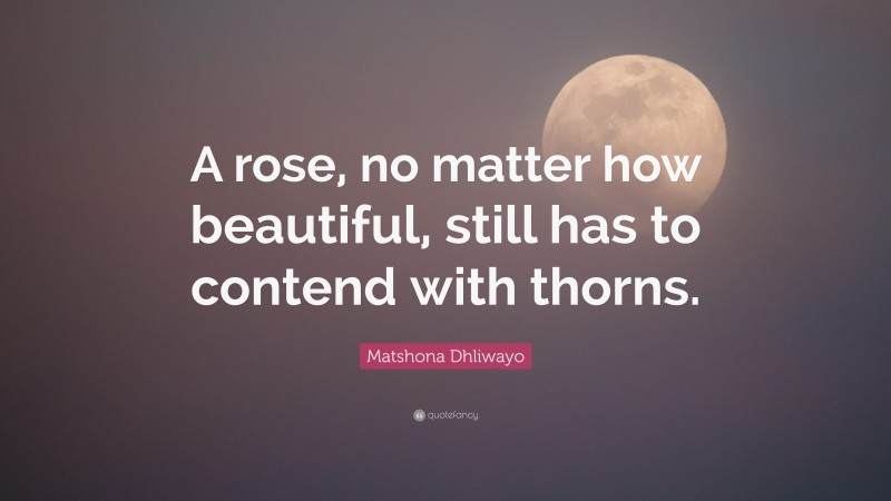 Matshona Dhliwayo Quote: “A rose, no matter how beautiful, still has to contend with thorns.”