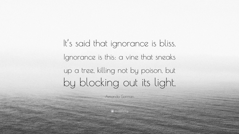 Amanda Gorman Quote: “It’s said that ignorance is bliss. Ignorance is this: a vine that sneaks up a tree, killing not by poison, but by blocking out its light.”