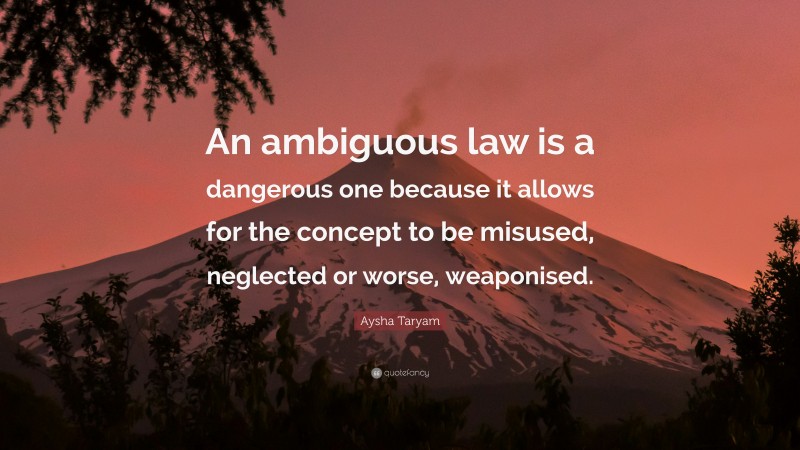 Aysha Taryam Quote: “An ambiguous law is a dangerous one because it allows for the concept to be misused, neglected or worse, weaponised.”
