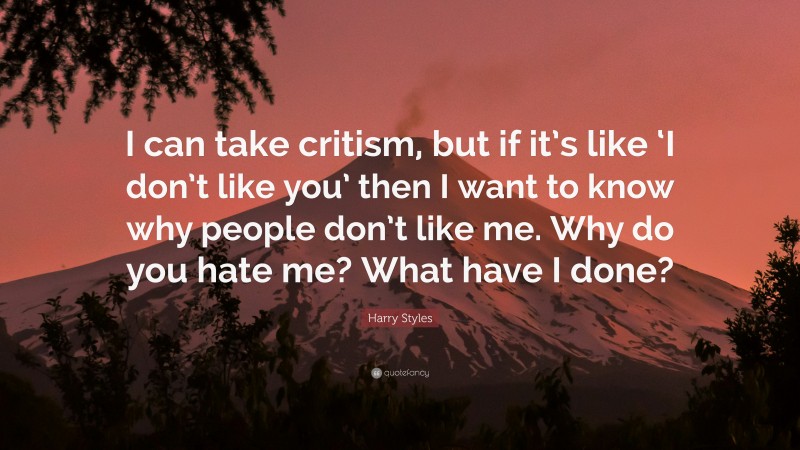 Harry Styles Quote: “I can take critism, but if it’s like ‘I don’t like you’ then I want to know why people don’t like me. Why do you hate me? What have I done?”