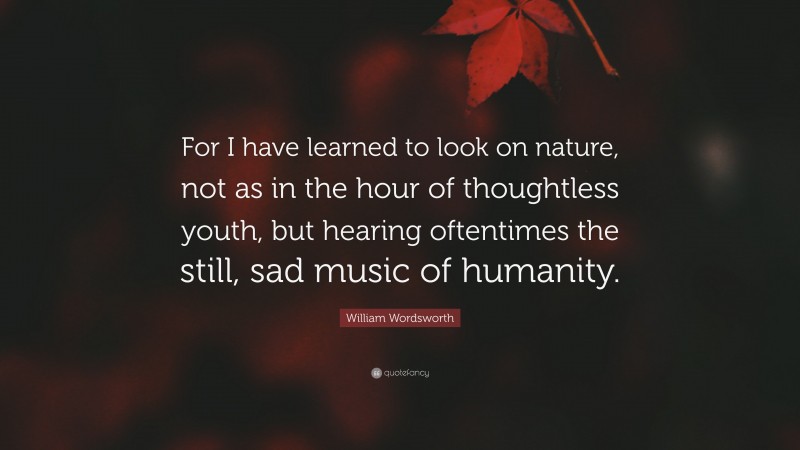 William Wordsworth Quote: “For I have learned to look on nature, not as in the hour of thoughtless youth, but hearing oftentimes the still, sad music of humanity.”
